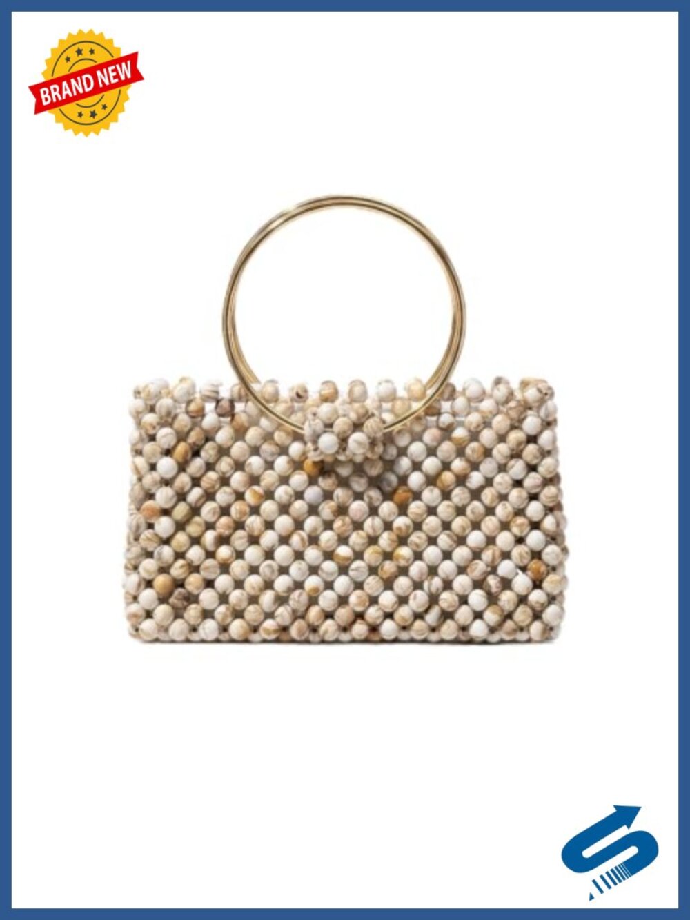 Handmade Woven Stone Beaded Clutch with Gold Circle Handle